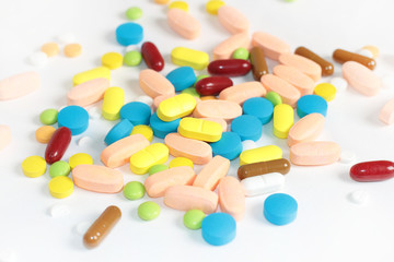 Heap of medicine pills. Background made from colorful pills and capsules