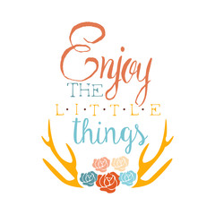 Ethnic Boho Style Slogan Element, Hipster Fashion Design Template In Blue, Yellow And Red Color With Roses And Antlers