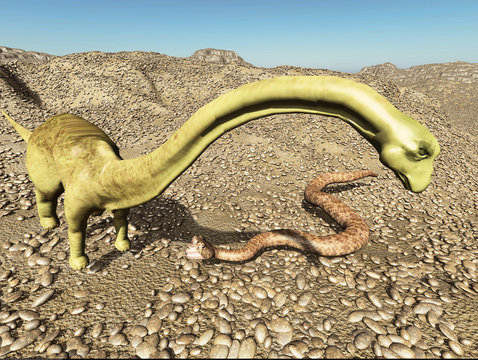 Dinosaurs Jurassic prehistoric scene dinosaur fighting with snake 3d rendering
