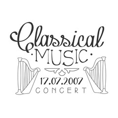 Classical Live Music Concert Black And White Poster With Calligraphic Text And Harp