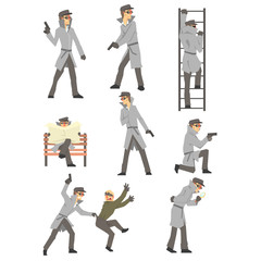 Police Detective And Private Investigator At Work Investigating And Solving Crimes Set Of Situations