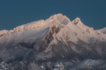 Winter Tatra mountains, Hawran, Muran and Placzliwa Skala summits in High Tatra mountain range