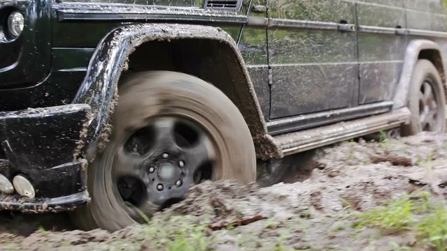 Black SUV got stuck in the mud in the forest, off-road
