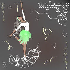 Cute young ballerina dancing on pointe, ballet shoes in flower tutu skirt. "weightlessness life" handwritten inscriptions. Vector illustration © OlgaLim