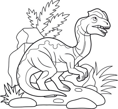 cartoon predatory Dilophosaurus, linear illustration.