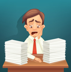 Tired office worker character. Lot of paperwork. Vector flat cartoon illustration