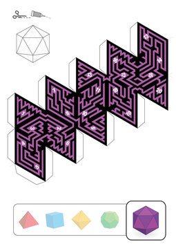 ICOSAHEDRON MAZE - template of one of five platonic solid labyrinths - Print on heavy paper, cut it out, make a 3d model and find the right way from 1 to 20.