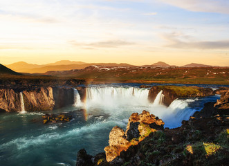 Godafoss waterfall at sunset. Beauty world. Iceland, Europe