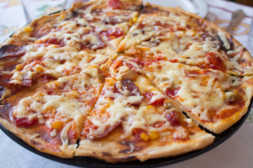 Tasty homemade cheese and meat pizza background