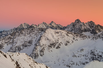 Poland, Winter High Tatras seen from Zawrat pass in the evening