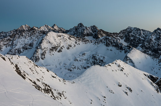 Poland, Winter High Tatras seen from Zawrat pass in the evening