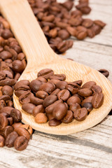 Coffee beans with a wooden spoon on the table