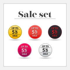 Sale set 5% off sticker, banner, Emblem sale isolated on white background. Big sale, special offer, discounts. Vector illustration.