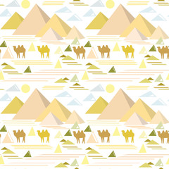 Seamless abstract geometric pattern with pyramids and camels, Arabian theme.