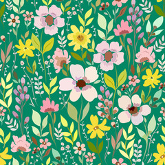 Seamless pattern with elements of meadow flowers, foliage, herbs on a green background.