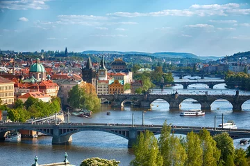 Papier Peint photo Prague Ponts de Prague, paysage urbain aérien, République tchèque