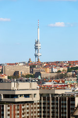 View of Prague with buildings and Zizkov television tower