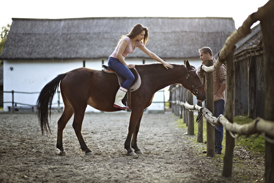 Woman Getting Riding Lesson, Baranja, Croatia, Europe