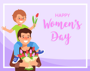 Flat vector illustration of a smiling young man holding a bouquet of spring flowers. Greeting card March 8 International Women's Day with father and small boy is sitting on his shoulders