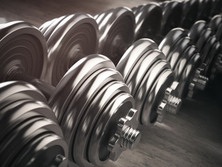 Rows of dumbbells  in the gym.