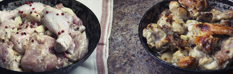 chicken in mustard sauce. raw chicken pieces in the pan. cooking. The finished dish. before and after