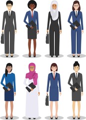Business team and teamwork concept. Set of different detailed illustration of businesswomen in flat style on white background. Different nationalities and dress styles. Vector illustration.