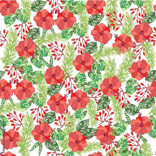 Simple seamless pattern with flowers. Red flowers on a white