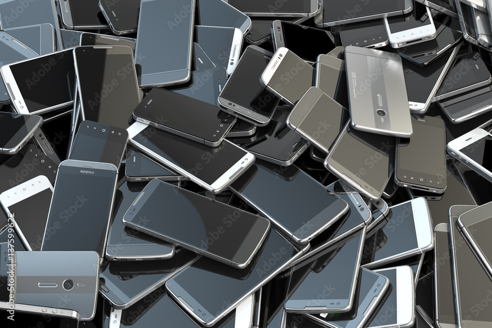 Poster heap of different smartphones. mobile phone technology concept background.