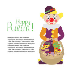 Clown with a traditional gift baskets for Purim. The concept of delivering gifts and greetings.  Place for text.