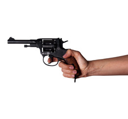 Woman's hand with a gun on a white background