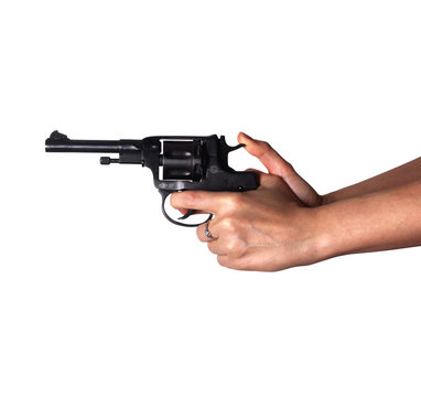 Woman's hand with a gun on a white background