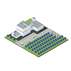 Obraz premium Isometric modern solar power plant. Factory Facility on land harvesting renewable energy.