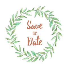 Hand drawn watercolor illustration. Laurel wreath with Spring leaves. Floral design elements. ...