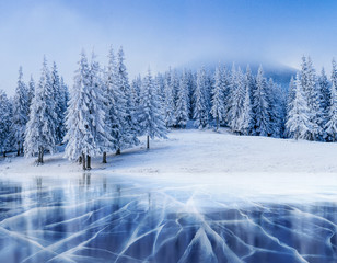 Blue ice and cracks on the surface of the .