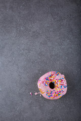 Pink frosted donut/doughnut with rainbow sprinkles. Gray background, top view. 