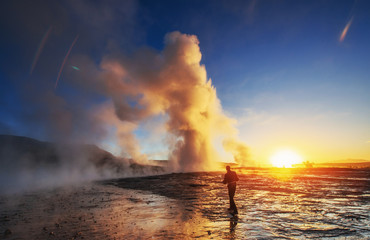 Fantastic sunset Strokkur geyser eruption in Iceland