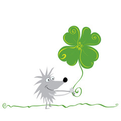 most successful day/ cheerful hedgehog with four-leaf clover is walking across the lawn