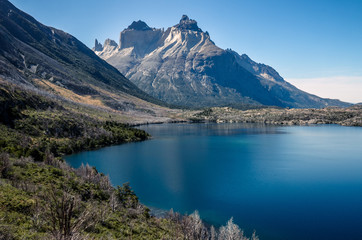 View on the Los Cuernos over the lake in the Torres del Paine national park in Chile