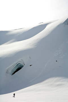 Man back country skiing along Pers glacier, Austria