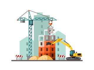 Obraz na płótnie Canvas Building work process with houses and construction machines. Vector illustration.