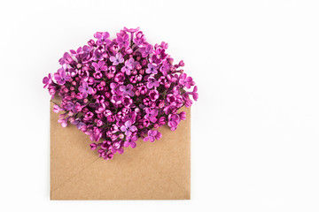 close up of opened craft paper envelope filled with spring blossom purple lilac flowers laying on white background. top view. concept of love and proposal. Flat lay. womens day. mothers day.