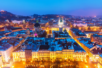 Night aerial view of Lviv, Ukraine