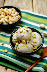 Vegan cashews banana ice cream with pistachios