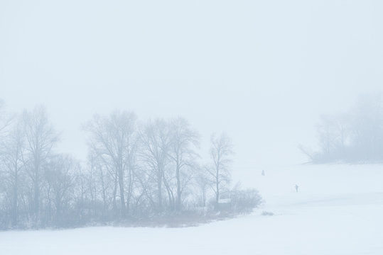 Foggy landscape in the frozen river in Kiev, Ukraine