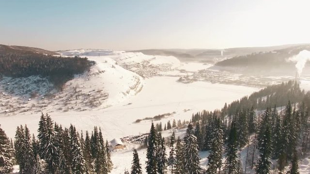 Aerial view of Minyar city in Chelyabinsk region at winter