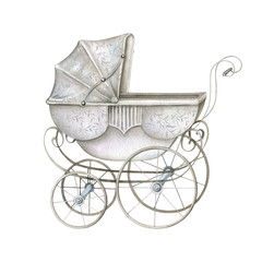 Watercolor Retro Baby Carriage - 137605870