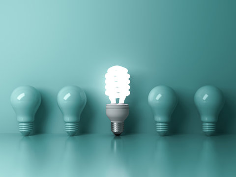 Energy saving light bulb , one glowing compact fluorescent lightbulb standing out from unlit incandescent bulbs on green background individuality and different creative idea concepts 3D rendering