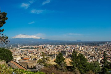 Fototapeta na wymiar View of Etna mount from historic hill of Paternò. Sicily