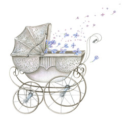Watercolor Retro Baby Carriage with Blue Flowers © evakaterina