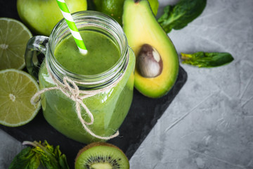 Healthy green smoothie in mason jar
